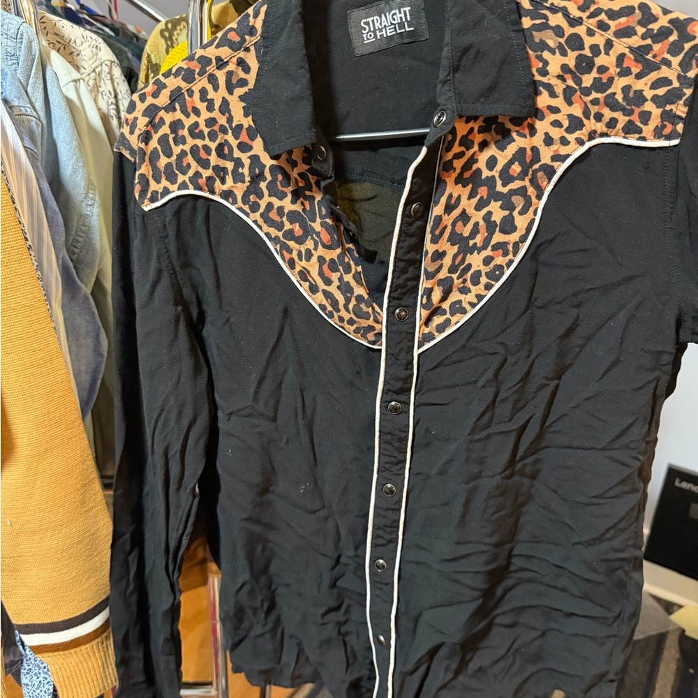 Straight to Hell Black Western Shirt with Leopard Print